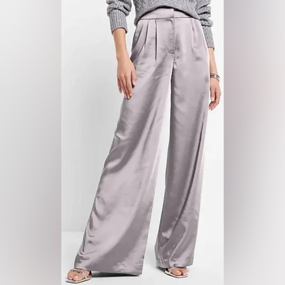 Express silver High Waisted Wide Leg satin Trousers - Picture 1 of 9